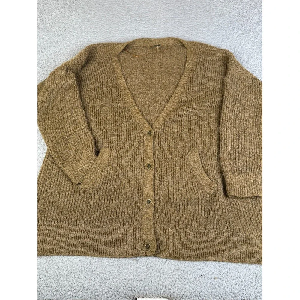 FREE PEOPLE Cardigan Womens L Brown Button Front Chunky Knit Wool Alpaca Blend
